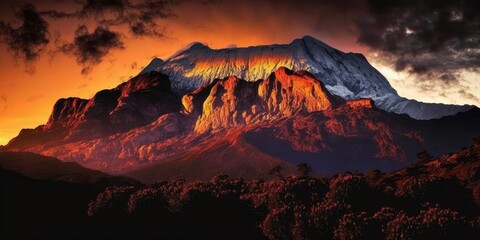 Sunset on Mount Kinabalu from Sabah, Malaysia. Generative AI