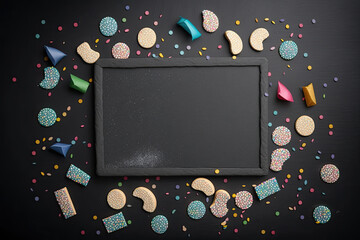 a black board with colorful confetti around it. Generative AI
