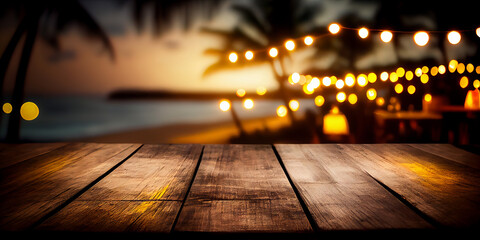 Empty wooden table top product display showcase stage. Tropical summer sunset beach bar background. Generative ai