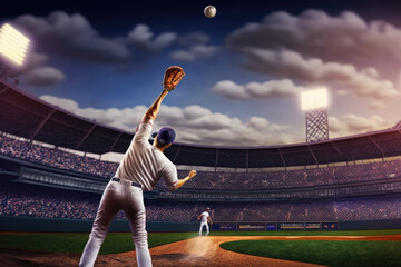Fototapeta na wymiar a baseball player stretches out his hand to catch the ball. Generative AI