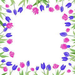 Set of beautiful floral colorful tulips flower frame border template, spring bouquet frame background.