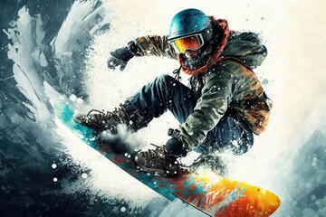 Fototapeta na wymiar creative image of a snowboarder riding in powder snow. Generative AI