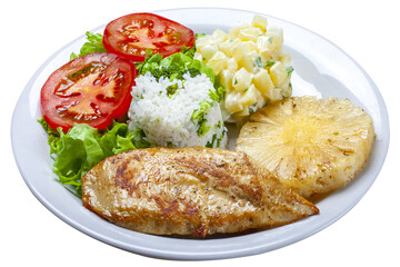 Grilled chicken breast fillet, rice, salad, potatoes, pineapple slice