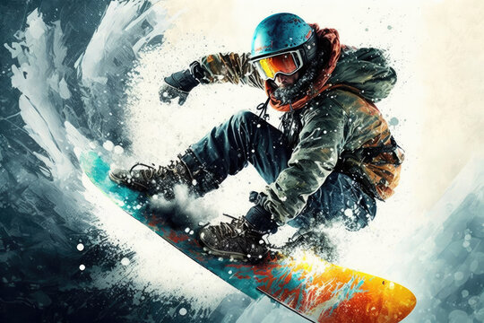 creative image of a snowboarder riding in powder snow. Generative AI