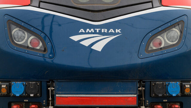 Seattle - February 12, 2023; Closeup of front of Amtrak ALC-42 Charger locomotive with logo