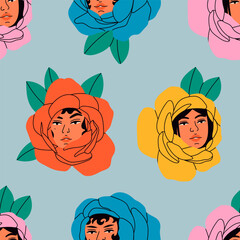 Rose flowers. Blossom with cute female faces. Flower bloom with beautiful women portraits. Various pretty young ladies. Stylish characters. Hand drawn Vector seamless Pattern. Blue background