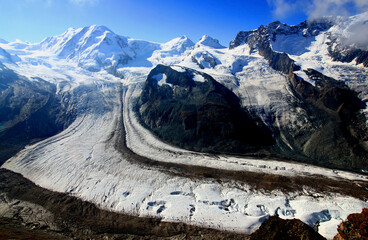 Landscape with the view of the snow-white Matterhorn glacier from Mount Gornergrat near Zermatt in...