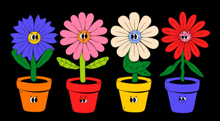 Pots with Flowers. Various shapes and colors. Abstract cartoon characters with faces. Hand drawn Vector illustration. Botanical pot, cute domestic indoor plants. Isolated elements