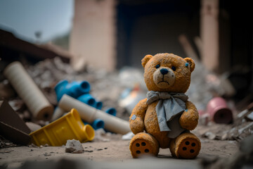 Alone Teddy bear on ruins of house after war bomb and accident rubble earthquake. Generation AI
