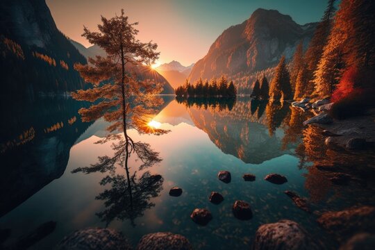 Gorgeous autumn sunrise over Hintersee lake. Trees in a lovely setting on a rock island. Location Ramsau Resort, Berchtesgadener Land National Park, Upper Bavaria, Germany Europe's Alps. Generative AI