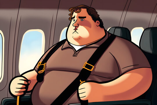 Problem Of Fat Obese Man Passenger Fastening Seat Belt On Airplane. Generation AI