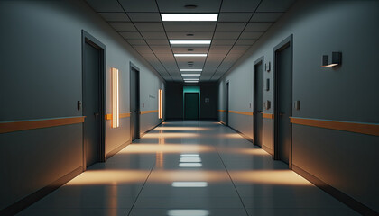 Hospital corridor floor with rooms background, empty space scene, clinic interior tunnel background, hallway, pathway for mock up with Generative AI.