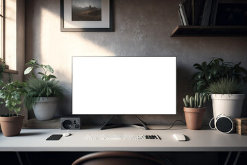 Mock up white blank frame screen in workspace interior with Home decoration. Cozy coastal stylish, furniture, Modern design background with Generative AI.