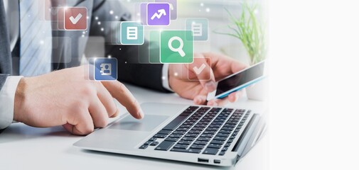 Digital business technology, hands work on laptop