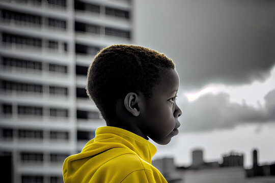 Colorful childhood series - African American Teenager standing in front of block of flats, Generative AI