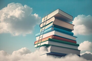 Abstract book stack with ladder on sky with clouds background. Ladder going on top of huge stack of books. Education and growth concept. 3D Rendering. Generative AI