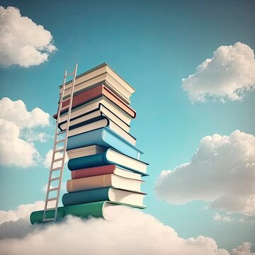 Abstract book stack with ladder on sky with clouds background. Ladder going on top of huge stack of books. Education and growth concept. 3D Rendering. Generative AI