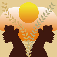 Minimalist illustration of two images of black women with sun leaves and light color details