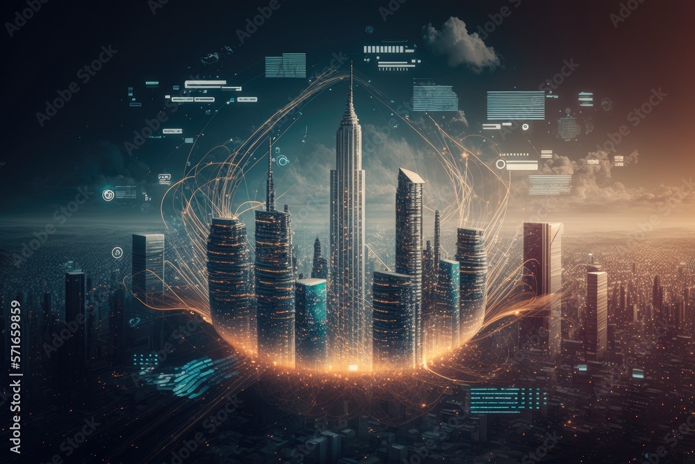 Poster a business data analytical interface flying over a smart city demonstrates how business intelligence