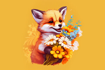 cute baby fox with spring flowers over yellow background. Generative A