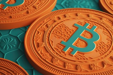 Bitcoin coin, Cryptocurrency concept, orange and teal, generative ai