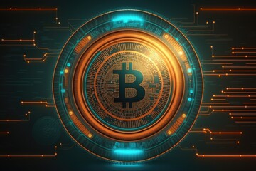 Bitcoin coin on computer circuit board, Cryptocurrency concept, orange and teal, generative ai