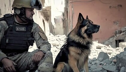 rescue team with K9 dog helping on collapse building area, idea for support Turkey, Syria earthquake disaster,  Generative Ai not real people 