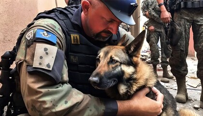 rescue team with K9 dog helping on collapse building area, idea for support Turkey, Syria earthquake disaster,  Generative Ai not real people 