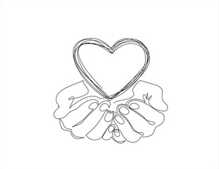 Single continuous line of hands holding heart on a white background. Black thin line of the hands with  heart. - obrazy, fototapety, plakaty