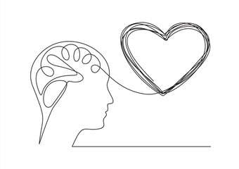 Continuous one line drawing of human head with a hearts. Vector illustration