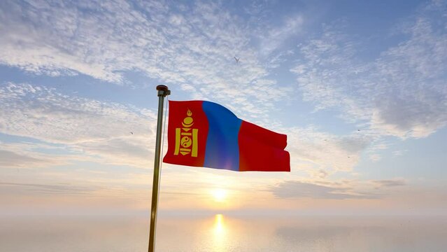 Flag of Mongolia waving in the wind, sky and sun background. Mongolia Flag Video. Realistic Animation, 4K UHD 25 FPS. 3D Animation 
