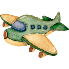 Children's Watercolor Illustration with a Green Yellow Plane, isolated on white background