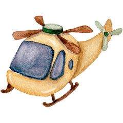 Children's Watercolor Illustration with Yellow Helicopter, , isolated on white background