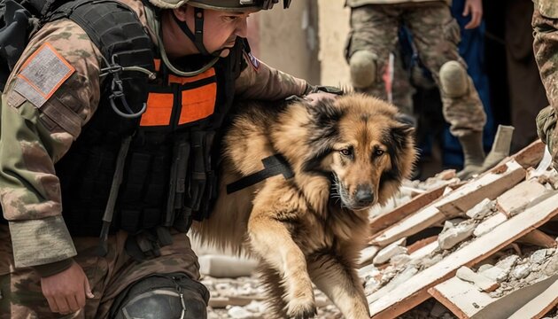 rescue team with K9 dog helping on collapse building area, idea for support Turkey, Syria earthquake disaster,  Generative Ai not real people 