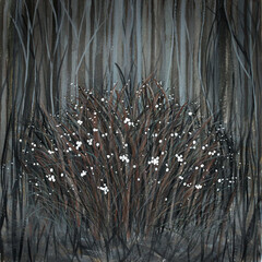 Dense snowberry bush in late autumn. Dark mystical illustration with glowing berries. Gouache