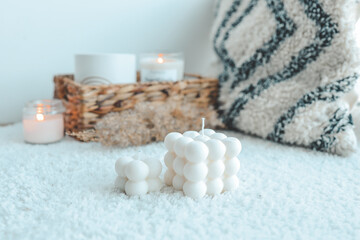 Fototapeta na wymiar Soy handmade candles. Two natural white bubble candles. Decor