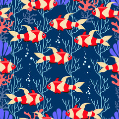 Exotic bright fish seamless pattern. Vector sea fish in flat style. Marine life.