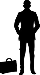 A young, self-confident businessman in a suit, glasses, holds one hand in his pocket. Next to a briefcase with documents. Black silhouette