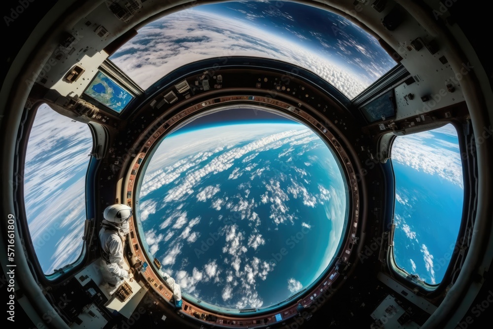Aufkleber white and blue inside of the spaceship as well as the view of earth from space. generative ai