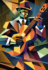 Naklejka premium Afro-American male musician guitarist playing a guitar in an abstract cubist style painting for a poster or flyer, computer Generative AI stock illustration