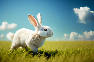 Obraz premium Cute Bunny rabbit running through a dreamy field at Easter during the spring season, Generative AI stock illustration image