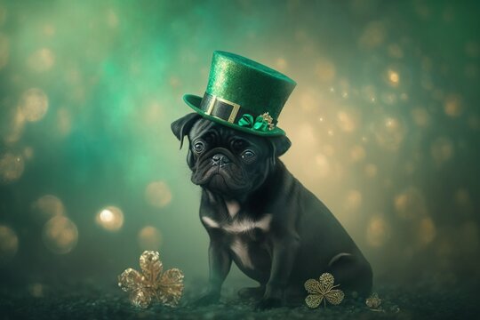 St. Patrick's Day: cute little pug puppy wearing a green leprechaun hat. AI