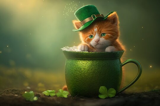 St. Patrick's Day: cute little ginger kitten wearing a green leprechaun hat sits in a huge cup. AI