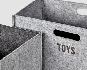 Gray felt boxes for storing toys with handles