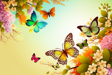 Spring floral background with colorful butterflies and  copy space, generative ai