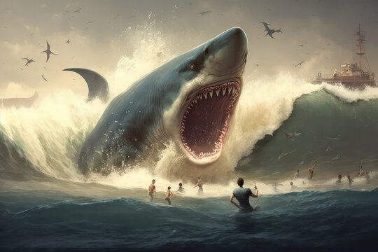 illustration painting of giant shark attacks people in the sea (ai generated)