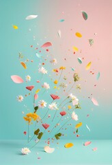 a bunch of flowers that are flying in the air, digital art.