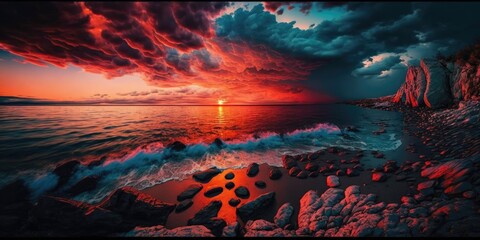 Fototapeta na wymiar beautiful seaside sunset in the summer. dramatic clouds in the sky. Europe, Ukraine, and Crimea. beauty industry. Generative AI