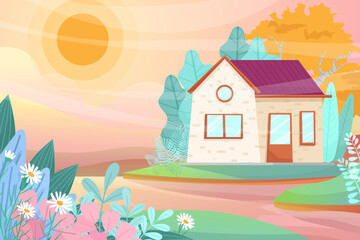 Naklejka premium Little house with green lawn and sun light cartoon vector