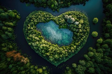 Heart shaped lake in the middle of leafy forest. Generative AI